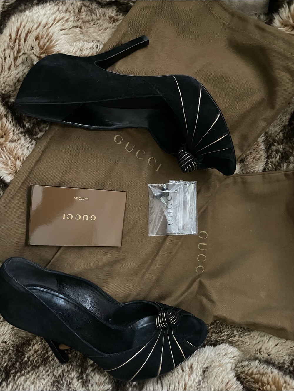 Gucci Black Suede Heels with Gold Stripes & Accent Knot - Picture 2 of 10